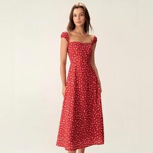 RIHOAS Red Floral Sweetheart Neck Cap Sleeve Midi Dress S